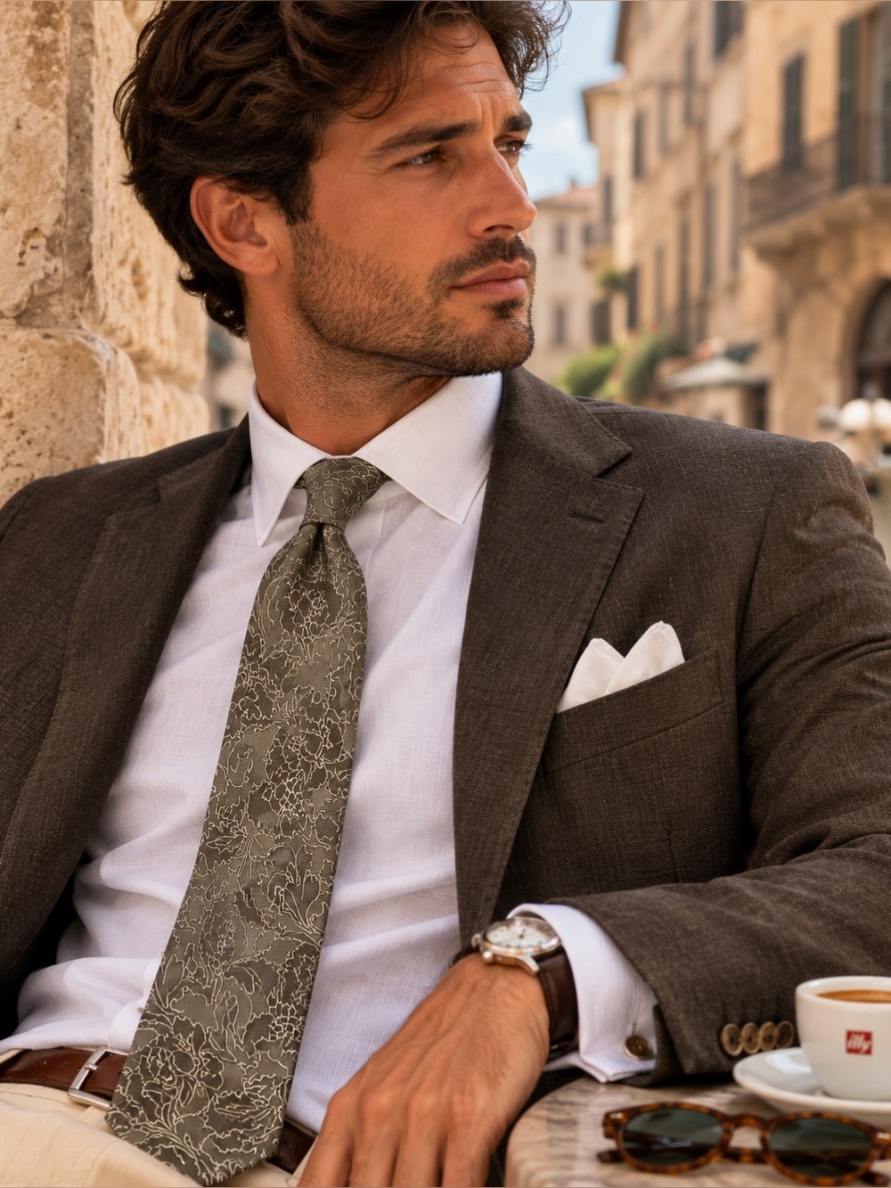 Italian made Villa Bolgheri Men's taupe Floral Tie - Refined Dress Accessory